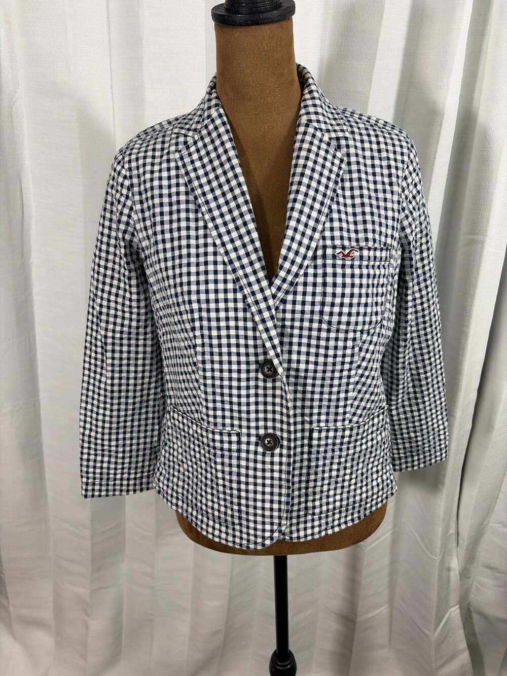 Hollister Navy White Gingham Cotton Stretch Blazer Preppy Logo Jacket Small